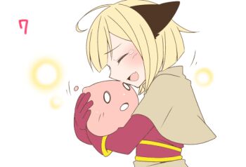 Rule 34 | 1girl, acolyte (ragnarok online), ahoge, animal ears, blonde hair, blunt bangs, blush, brown capelet, capelet, cat ears, cat girl, closed eyes, commentary request, creature, gloves, holding, holding creature, iyofika, lowres, open mouth, poring, profile, ragnarok online, ragnarok origin, red gloves, red shirt, shirt, short hair, simple background, slime (creature), smile, solo, upper body, white background