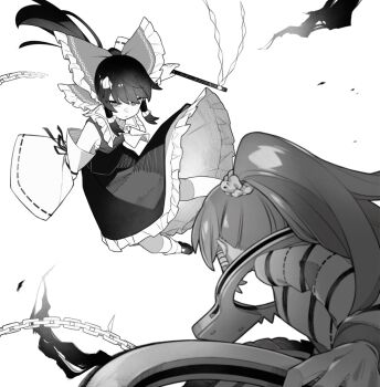 2girls akimaki_yuu_(style) ascot bow ch00suke chain closed_mouth commentary_request cuffs detached_sleeves fighting foul_detective_satori frilled_bow frilled_hair_tubes frilled_skirt frills gohei greyscale hair_bow hair_ornament hair_tubes hakurei_reimu handcuffs holding holding_gohei holding_handcuffs long_hair long_sleeves miyadeguchi_mizuchi monochrome multiple_girls oversized_object ponytail prison_clothes ribbon-trimmed_sleeves ribbon_trim shirt shoes skirt skull_hair_ornament socks striped_clothes striped_shirt touhou