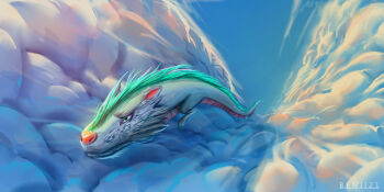 Rule 34 | absurdres, aqua fur, benii21, cloud, cloudy sky, creature, creature focus, flying, highres, sky, terraria, wyvern (terraria)