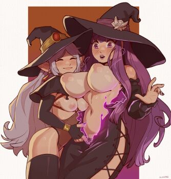 2girls assisted_exposure big_hair black_capelet black_hat black_nails black_thighhighs blush bouncing_breasts breasts breasts_out brown_leotard capelet closed_eyes commentary detached_sleeves earrings elf embarrassed english_commentary fern_(sousou_no_frieren) fingernails floating_earrings frieren grey_hair hair_down hat hat_ornament height_difference highres implied_yuri inverted_nipples jewelry klimspree large_breasts leotard long_hair magic multiple_girls nail_polish pointy_ears puffy_nipples purple_eyes purple_hair purple_lips purple_nails revealing_clothes sagging_breasts side_slit small_breasts sousou_no_frieren thighhighs very_long_hair witch_hat