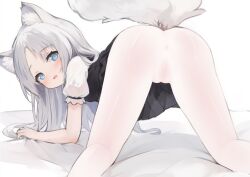 Rule 34 | 1girl, all fours, animal ear fluff, animal ears, anus, ass, bed sheet, black dress, blue eyes, blush, cameltoe, cat ears, cat girl, cat tail, cleft of venus, clothes lift, commission, dress, dress lift, feet out of frame, from behind, grey hair, kneepits, long hair, looking at viewer, looking back, on bed, original, pantyhose, parted lips, puffy short sleeves, puffy sleeves, pussy, sheet grab, shirt, short sleeves, solo, tail, tail raised, thighs, wangyq, white pantyhose, white shirt