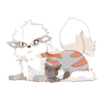 Rule 34 | :3, alternate color, arcanine, blush stickers, chibi, closed eyes, closed mouth, crescent, ear piercing, fang, fang out, gen 1 pokemon, gen 3 pokemon, higuchi kaede, nijisanji, nintendo, no humans, parted lips, piercing, pokemon, pokemon (creature), rebecca (keinelove), simple background, skitty, tsukino mito, virtual youtuber, white background