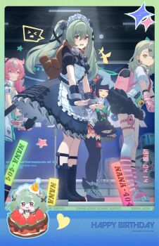 4girls angels_of_delusion apron aqua_streaks aria_(human)_(zenless_zone_zero) aria_(zenless_zone_zero) arm_warmers bag bare_shoulders black_dress black_hair blue_eyes blush bow cake colored_inner_hair concert corin_wickes dancing dress drum duplicate embarrassed fingerless_gloves food fur-trimmed_skirt fur_trim gloves glowstick green_bow green_eyes green_hair hair_between_eyes hair_bow hair_ornament hairclip halo happy_birthday highres instrument long_hair looking_at_viewer maid maid_apron maid_headdress multicolored_hair multiple_girls nangong_yu necktie official_art open_mouth pink_arm_warmers pink_bag pink_hair puffy_short_sleeves puffy_sleeves purple_eyes red_necktie screw_hair_ornament shirt short_sleeves skirt smile stage stage_lights star_(symbol) streaked_hair striped_arm_warmers sunna_(zenless_zone_zero) thighhighs twintails white_apron white_dress white_shirt white_wings wings zenless_zone_zero