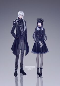 1boy 1girl absurdres alternate_costume ankle_boots arm_at_side artist_name beret black_boots black_bow black_bowtie black_coat black_gloves black_hair black_jacket black_pantyhose black_scarf black_shoes black_skirt black_socks black_sweater black_vest blunt_bangs boots bow bowtie cael_anselm cael_anselm_(white_day) chain chinese_commentary clenched_hand closed_eyes closed_mouth coat commentary_request cross earrings facing_viewer frilled_shirt_collar frilled_skirt frilled_sleeves frilled_socks frills full_body gloves grey_background grey_hat grey_pants hair_between_eyes hair_ornament hairclip hat heroine_(lovebrush_chronicles) highres jacket jewelry lapel_pin lapels latin_cross leaf_hair_ornament leather leather_jacket lips long_hair long_hair_between_eyes long_sleeves looking_at_viewer lovebrush_chronicles matching_outfits medium_skirt moxiang_sumika notched_lapels official_alternate_costume open_clothes open_coat pants pantyhose peter_pan_collar print_scarf purple_eyes realistic red_lips reflective_floor ring scarf see-through_clothes see-through_gloves see-through_pantyhose see-through_socks shoes side-by-side simple_background skirt socks spiked_boots standing sweater triangle_print turtleneck turtleneck_sweater two-sided_coat two-sided_fabric v_arms very_long_hair vest wallet_chain white_hair zipper_pull_tab