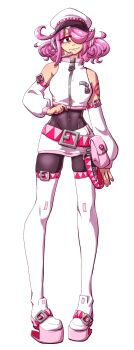 Rule 34 | 1girl, alpha transparency, arm tattoo, belt, closed mouth, covered navel, crop top, detached sleeves, dokune osana, fanloid, full body, grey eyes, grilled grelle, hair over one eye, hat, headphones, leggings, medium hair, official art, pink bag, pink belt, pink hair, pink sandals, police, police hat, police uniform, policewoman, sandals, shirt, short twintails, shorts, solo, tattoo, transparent background, twintails, vocaloid, vocaloid boxart pose, white hat, white leggings, white shirt, white shorts, white sleeves, zipper