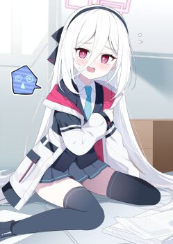 1girl @_@ black_boots black_hairband black_thighhighs black_vest blue_archive blue_necktie blush boots box cardboard_box collared_shirt commentary_request day flying_sweatdrops grey_skirt hair_between_eyes hairband halo highres jacket kei_(blue_archive) kei_(new_body)_(blue_archive) kujou_danbo long_hair long_sleeves looking_at_viewer microskirt necktie off_shoulder open_clothes open_jacket open_mouth pleated_skirt puffy_long_sleeves puffy_sleeves red_eyes shirt sitting skirt sleeves_past_wrists solo sunlight sweat thighhighs thighhighs_under_boots very_long_hair vest wariza wavy_mouth white_hair white_jacket white_shirt