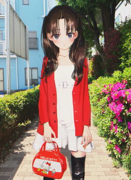 1girl absurdres bad_id bad_twitter_id black_thighhighs blush brown_hair character_print closed_mouth collarbone day dress gishiki_(gshk) grey_eyes hello_kitty hello_kitty_(character) highres jacket long_hair looking_at_viewer open_clothes open_jacket original outdoors path photo_background red_jacket road sanrio short_dress solo standing thighhighs tree twintails white_dress zettai_ryouiki