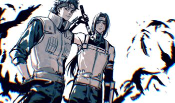 Rule 34 | 2boys, absurdres, bare shoulders, bird, closed mouth, commentary, crow, curtained hair, flak jacket, forehead protector, hands in pockets, highres, holding, holding behind back, holding weapon behind back, jacket, konohagakure anbu uniform, konohagakure symbol, male focus, momoyoru1, multiple boys, naruto (series), naruto shippuuden, red eyes, sharingan, short hair, simple background, spot color, uchiha itachi, uchiha shisui, white background