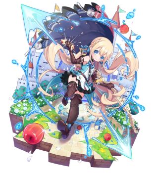 1girl apple black_skirt black_thighhighs blonde_hair blue_bow blue_eyes blue_shirt blush boots bow bow_(weapon) braid brown_boots brown_gloves castle closed_mouth commentary_request elbow_gloves flat_chest food fruit full_body gloves hair_between_eyes hair_bow holding holding_bow_(weapon) holding_food holding_fruit holding_weapon juilia_(merc_storia) long_hair merc_storia merc_storia_art_team miniskirt official_art pleated_skirt shirt sidelocks simple_background skirt sleeveless sleeveless_shirt smile solo squeezing standing striped_bow tachi-e thigh_boots thighhighs transparent_background tree v-shaped_eyebrows very_long_hair weapon