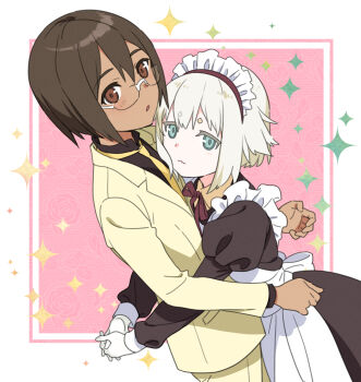 Rule 34 | 1boy, 1girl, :3, alternate costume, apron, blue eyes, brown eyes, brown hair, colored eyelashes, commentary request, dark-skinned male, dark skin, dress, element hunters, enmaided, formal clothes, glasses, gloves, highres, homi nandie, hug, ito fumi, jacket, juliet sleeves, juno (element hunters), long sleeves, looking at viewer, maid, maid headdress, neck ribbon, necktie, open clothes, open jacket, own hands together, parted lips, puffy sleeves, ribbon, short eyebrows, short hair, suit, white-framed eyewear, white hair