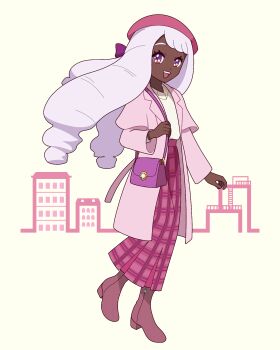 Rule 34 | 1girl, absurdres, alternate costume, bag, beret, boots, building, commentary request, dark-skinned female, dark skin, eyelashes, full body, handbag, hat, highres, ichigo 15 36, jacinthe (pokemon), jacket, long hair, long skirt, long sleeves, nintendo, open clothes, open jacket, open mouth, pink hat, pink jacket, pink skirt, plaid clothes, plaid skirt, pokemon, pokemon legends: z-a, purple bag, purple boots, purple eyes, purple hair, shirt, skirt, smile, solo, teeth, upper teeth only, very dark skin, white background, white shirt