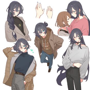 1boy 1girl androgynous artist_self-insert belt bishounen black_choker black_eyes black_hair blue_eyes blue_nails brown_eyes brown_hair choker closed_mouth coat commentary crescent_moon earrings english_commentary hand_in_pocket heterochromia highres hong_lu_(project_moon) hood hood_down hoodie jewelry limbus_company long_hair long_sleeves looking_at_viewer male_focus moon one_eye_closed open_mouth original pants past_desiderium project_moon ring shirt short_hair side_ponytail simple_background single_earring smile stuffed_animal stuffed_toy teardrop_earrings teddy_bear very_long_hair wedding_ring white_background