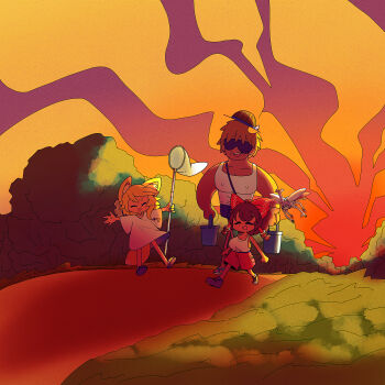 Rule 34 | 1boy, 3girls, absurdres, agucala (cookie), animal ears, asymmetrical hair, beetle, blonde hair, bow, breasts, brown hair, bucket, bug, butterfly net, closed eyes, commentary request, cookie (touhou), dark-skinned female, dark skin, fox ears, fox girl, fox tail, frilled hair tubes, frills, full body, hair bow, hair tubes, hakurei reimu, hand net, hat, highres, hisaka (cookie), holding, holding bucket, holding butterfly net, insect, large breasts, long hair, manatsu no yo no inmu, medium hair, miramikaru riran, muimui (4242564muimui), multiple girls, open mouth, orange sky, outdoors, red bow, red shorts, shirt, shorts, sidelocks, single sidelock, sky, smile, sun hat, sunglasses, sunset, tail, takuya (acceed), tank top, touhou, tree, white shirt, white tank top