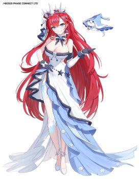 absurdres bare_shoulders bell black_bow black_bowtie black_gloves blue_eyes blue_hat bow bowtie breasts cleavage commentary_request copyright_notice dress earrings full_body fur-trimmed_dress fur-trimmed_headwear fur_trim gloves hand_on_own_hip hat highres jewelry kurimui2 large_breasts long_hair phase_connect pom_pom_(clothes) red_hair santa_hat shoes sinon_sinfonia smile tiara two-tone_bow two-tone_bowtie virtual_youtuber white_background white_bow white_bowtie white_dress white_shoes