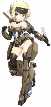 1girl :o armpit_crease bare_shoulders black_dress black_gloves black_thighhighs blonde_hair blue_eyes breasts cleavage clenched_hand collar collarbone commentary_request detached_collar dress elbow_gloves frame_arms_girl full_body gloves gourai green_collar green_panties headgear highres holding holding_knife karukan_(monjya) knife looking_at_viewer mecha_musume mechanical_arms mechanical_legs microdress open_mouth panties short_hair simple_background small_breasts solo standing strapless strapless_dress striped_clothes striped_panties thighhighs two-tone_panties underwear white_background white_panties
