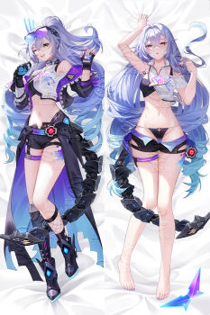 1girl :o ;o aqua_hair barefoot black_boots black_gloves black_panties black_shorts boots breasts clothes_pull commentary commentary_request crop_top dakimakura_(medium) drill_hair english_commentary feet fingerless_gloves gauntlets gloves goggles goggles_on_head gradient_hair grey_eyes grey_hair highres honkai:_star_rail honkai_(series) jacket libero_art long_hair looking_at_viewer lying mechanical_tail medium_breasts merchandise_available midriff mixed-language_commentary multicolored_hair multicolored_jacket multiple_views navel on_back one_eye_closed panties short_shorts shorts shorts_pull silver_wolf_(honkai:_star_rail) silver_wolf_(lv.999)_(honkai:_star_rail) stomach tail toes two-tone_hair two-tone_jacket underwear very_long_hair