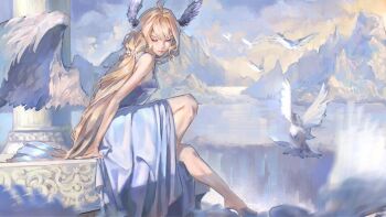 1girl absurdres ahoge barefoot bird blonde_hair blue_dress breasts calves closed_eyes cloud cloudy_sky commentary dove dress english_commentary enna_alouette feathered_wings from_side head_wings highres legs long_hair lover6ee30 low_twintails mountain nijisanji nijisanji_en painterly realistic sitting sky small_breasts solo twintails very_long_hair virtual_youtuber water waterfall wings