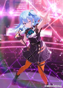 1girl 2016 ;d aquarius_(constellation) asymmetrical_sidelocks bare_arms black_boots black_choker black_dress blue_eyes blue_hair boots bow bow_earrings cassiopeia_(constellation) choker collared_dress commentary_request concert constellation copyright_notice cygnus_(constellation) double-parted_bangs dress earrings garter_straps gemini_(constellation) green_ribbon grin hair_between_eyes hair_ribbon holding holding_microphone hololive hoshimachi_suisei hoshimachi_suisei_(casual) jewelry lace lace-up_boots lace_choker lace_sleeves leo_(constellation) long_hair looking_at_viewer microphone microphone_stand nail_polish neck_ribbon o-ring o-ring_thigh_strap official_alternate_costume official_alternate_hairstyle official_art one_eye_closed one_side_up open_mouth orange_nails orange_pantyhose outstretched_arm pantyhose pointing pointing_up pompocy ribbon short_sleeves sidelocks single_garter_strap single_wrist_cuff smile solo star_(symbol) star_in_eye symbol_in_eye thigh_strap virgo_(constellation) virtual_youtuber wrist_cuffs