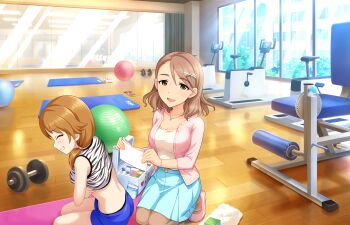 2girls artist_request blue_skirt bracelet brown_hair closed_eyes exercise_bike green_eyes gym hair_ornament hairclip highres idolmaster idolmaster_cinderella_girls idolmaster_cinderella_girls_starlight_stage jewelry katagiri_sanae long_hair low_twintails medicine_box mirror multiple_girls necklace official_art open_mouth pantyhose shorts sitting skirt smile twintails wavy_hair yanagi_kiyora