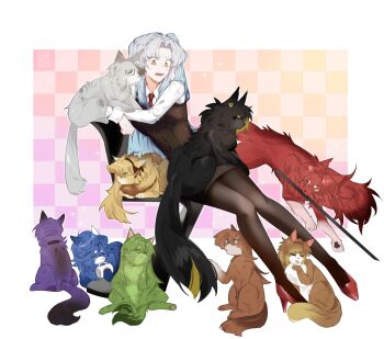 1girl absurdres angela_(project_moon) animal animalization binah_(project_moon) black_cat black_skirt black_vest blue_cat blue_hair brown_cat brown_pantyhose cat chair checkered_background chesed_(project_moon) collared_shirt commentary curtained_hair full_body gebura_(project_moon) gradient_hair green_cat grey_cat grey_hair high_heels highres hod_(project_moon) hokma_(project_moon) leaning_on_object lobotomy_corporation long_hair looking_down malkuth_(project_moon) multicolored_hair multiple_cats necktie nervous netzach_(project_moon) on_chair one_side_up open_mouth pantyhose pencil_skirt project_moon purple_cat red_cat red_necktie red_shoes shirt shoes signature sitting skirt suyapuya sweat symbol-only_commentary tiphereth_a_(project_moon) too_many too_many_cats vest white_shirt wide-eyed yellow_cat yellow_eyes yesod_(project_moon)