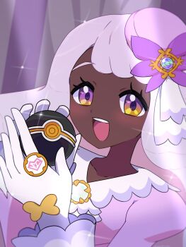 1girl dark-skinned_female dark_skin dress flower gloves hair_flower hair_ornament highres holding jacinthe_(pokemon) komori541milk looking_at_viewer luxury_ball nintendo open_mouth poke_ball pokemon pokemon_legends:_z-a purple_dress purple_eyes purple_hair smile solo teeth upper_body upper_teeth_only very_dark_skin white_gloves yellow_eyes