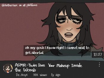 1girl aetheria anya_(mouthwashing) black_eyes black_hair blue_sweater blush facing_viewer fake_screenshot fake_video highres lesbian_flag medium_hair mouthwashing open_mouth pink_background simple_background solo subtitled sweater user_interface watermark