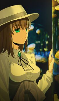 1girl aotsuki_takao aquarium bolo_tie braid braided_sidelock breasts brooch brown_hair charlotte_corday_(fate) charlotte_corday_(over_the_same_sky)_(fate) closed_mouth commentary_request fate/grand_order fate_(series) fish_tank game_cg green_eyes hat indoors jellyfish jewelry large_breasts long_sleeves medium_hair official_art photo_background shirt smile solo third-party_source underbust white_hat white_shirt wing_collar