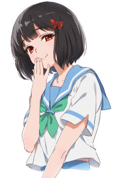 Rule 34 | 1girl, black hair, blue sailor collar, bob cut, bow, commentary, from below, green neckerchief, hair bow, hand on own cheek, hand on own face, hibike! euphonium, highres, hisaishi kanade, kawata hisashi, kitauji high school uniform, neckerchief, red eyes, sailor collar, school uniform, serafuku, smug, solo, summer uniform, symbol-only commentary, upper body, white background, white serafuku