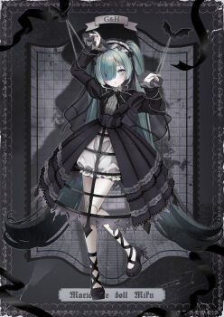 1girl absurdres bat_(animal) black_background black_bow black_bowtie black_dress black_hair black_ribbon black_shoes bloomers blush border bow bowtie commentary_request crinoline doll_joints dress empty_eyes english_text full_body gothic_lolita gradient_hair green_eyes green_hair hair_over_one_eye hands_up hatsune_miku highres joints lolita_fashion long_hair long_sleeves looking_at_viewer multicolored_hair parted_lips ribbon shoes showgirl_skirt solo string underwear very_long_hair vocaloid vs0mr white_bloomers