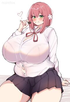 1girl alternate_breast_size_(larger) blush breasts button_gap candy chewing chocolate chocolate_heart cleavage eating female_focus flower food food_on_face green_eyes hair_flower hair_ornament hanazono_hakari heart highres huge_breasts kimi_no_koto_ga_dai_dai_dai_dai_daisuki_na_100-nin_no_kanojo medium_hair navel navel_peek necktie noiretox pink_hair pink_nails plump school_uniform shirt sitting skirt smile solo thick_thighs thighs white_background white_shirt