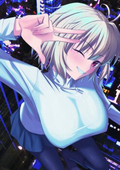 1girl arcueid_brunestud black_pantyhose blonde_hair blue_skirt blush breasts covered_erect_nipples highres large_breasts midair miniskirt night one_eye_closed pantyhose parted_lips red_eyes short_hair skirt smile solo sweater tsukihime tsukihime_(remake) w white_sweater yowatari_party