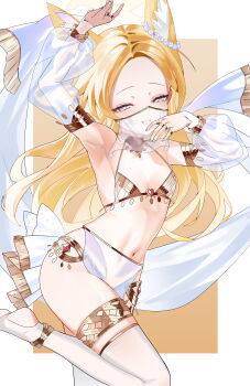 1girl absurdres alternate_costume animal_ear_fluff animal_ears arabian_clothes arm_above_head arms_up blonde_hair blue_archive blush breasts cross_halo dancer detached_sleeves ear_wreath extra_ears feet feet_up fingernails flat_chest flower forehead fox_ears fox_girl gang_shi_shao_e_fan gradient_eyes grin hair_flower hair_ornament half-closed_eyes halo harem_outfit highres loli long_hair looking_at_viewer missing_tail mouth_veil multicolored_eyes navel official_alternate_costume pelvic_curtain see-through_clothes see-through_pelvic_curtain see-through_veil seia_(blue_archive) small_breasts smile solo stirrup_legwear thigh_strap thighhighs toeless_legwear veil very_long_hair white_sleeves yellow_halo zettai_ryouiki