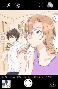 1boy 1girl ^_^ beeemaru02 blonde_hair blue_eyes closed_eyes collared_shirt commentary_request cosmetics dress hagiwara_chihaya hagiwara_kenji hair_between_eyes highres holding holding_lipstick_tube lipstick_tube looking_at_viewer matsuda_jinpei meitantei_conan one_eye_closed purple_dress shirt short_hair v white_shirt