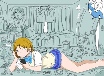 1girl 1other anger_vein bag_of_chips banana_peel bare_legs bed blanket blue_ribbon blue_shirt blue_skirt bone book bored bottle bowtie brown_hair brown_vest can cellphone chopsticks cigarette curtains diagonal-striped_bow diagonal-striped_bowtie diagonal-striped_clothes double_v drink_can earrings highres holding holding_cigarette holding_phone indoors jewelry knocking koizumi_hanayo kyousaru long_sleeves looking_at_phone love_live! love_live!_school_idol_project messy_room neck_ribbon on_floor open_mouth otonokizaka_school_uniform pants partially_colored phone pillow ribbon school_uniform shirt short_hair skirt smartphone smile smoke socks striped_bow striped_bowtie striped_clothes stud_earrings translation_request trash trash_bag v vest white_shirt