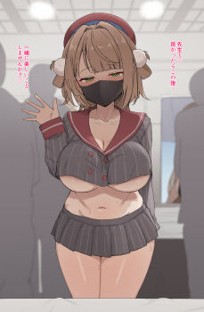 1girl absurdres adapted_costume areola_slip arm_behind_back artist_self-reference beret black_mask blush breasts bright_pupils brown_hair buttons ceiling ceiling_light cleavage collarbone commentary_request convention cosplay covered_mouth double-breasted green_eyes grey_serafuku grey_shirt grey_skirt hair_intakes hair_ornament hair_rings half-closed_eyes hand_up hat highres indie_virtual_youtuber indoors large_breasts long_sleeves mask medium_hair microskirt midriff mouth_mask navel no_bra paid_reward_available palms people pinstripe_pattern pinstripe_shirt pinstripe_skirt pleated_skirt pom_pom_(clothes) pom_pom_hair_ornament poster_(object) pov red_hat red_sailor_collar revealing_clothes sailor_collar school_uniform serafuku sheryama shigure_ui_(vtuber) shigure_ui_(vtuber)_(1st_costume) shigure_ui_(vtuber)_(cosplay) shiny_skin shirt side_up_ring skirt sleeve_cuffs solo_focus spread_fingers standing surgical_mask sweat swept_bangs talking tile_ceiling tiles translation_request underboob variant_set virtual_youtuber waving white_pupils wolf_cut