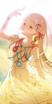 1girl absurdres asymmetrical_sleeves ayumi_(as0206) backlighting blonde_hair blurry blurry_foreground blush bug butterfly butterfly_on_hand colored_eyelashes commentary_request corsage depth_of_field dress earrings flipped_hair gakuen_idolmaster highres idolmaster insect jewelry long_hair multi-tied_hair official_alternate_costume orange_eyes outdoors reed shinosawa_hiro smile solo stud_earrings sunfaded_(idolmaster) very_long_hair white_butterfly white_dress