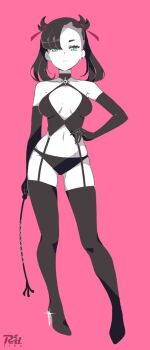 1girl black_hair black_panties black_thighhighs boots breasts dominatrix elbow_gloves garter_straps gloves hair_ribbon hand_on_own_hip high_heels marnie_(pokemon) midriff navel nintendo panties pokemon r3dfive ribbon solo thigh_boots thighhighs underwear whip