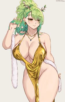 1girl absurdres alternate_costume alternate_hairstyle breasts cameltoe ceres_fauna dress gold_dress highres hololive hololive_english large_breasts simple_background solo vicarious white_background yellow_dress