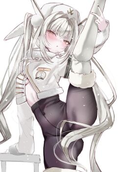 1-gou_(111touban) 1girl absurdres armband black_armband black_pantyhose blanc_(fortune_express)_(nikke) blanc_(nikke) boots breasts commentary_request convenient_censoring covered_navel flexible fur-trimmed_boots fur-trimmed_collar fur_trim goddess_of_victory:_nikke hair_censor hat high-waist_pantyhose highres jacket leg_lift leg_up long_hair long_sleeves looking_at_viewer no_panties pantyhose see-through_pantyhose solo split split-color_clothes standing standing_on_one_leg standing_split twintails very_long_hair vest white_boots white_hair white_vest yellow_eyes