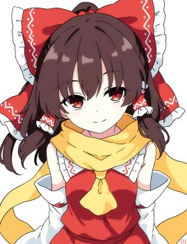 Rule 34 | 1girl, absurdres, breasts, brown hair, closed mouth, detached sleeves, hair between eyes, hakurei reimu, highres, long hair, looking at viewer, pioartstuff, red eyes, red shirt, red skirt, scarf, shirt, simple background, skirt, smile, touhou, upper body, white background, white sleeves, yellow scarf