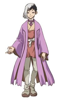 1boy asagiri_gen asymmetrical_hair black_eyes black_hair closed_mouth coat dr._stone full_body highres iwasa_yuuko long_sleeves looking_at_viewer male_focus multicolored_hair necktie official_art pants purple_coat short_hair slippers smile solo split-color_hair standing two-tone_hair white_background white_hair