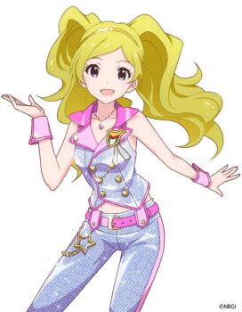 Rule 34 | 1girl, :d, bandai namco, bare shoulders, belt, belt buckle, blonde hair, buckle, buttons, chain, collarbone, company name, contrast lapels, copyright notice, cowboy shot, cuff links, double-breasted, emily stewart, eyelashes, gold buckle, gold buttons, gold chain, gold hairband, hairband, idol clothes, idolmaster, idolmaster million live!, jewelry, lapel pin, lapels, long hair, looking at viewer, million dreams (idolmaster), necklace, open mouth, pants, parted bangs, pendant, pink belt, pink wrist cuffs, purple eyes, sequins, sleeveless, smile, solo, star ornament, twintails, vest, wavy hair, white background, wrist cuffs