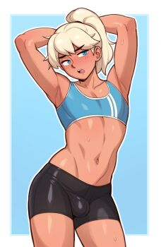 Rule 34 | 1boy, :o, armpits, arms behind head, arms up, bike shorts, blonde hair, blue background, blue eyes, bulge, cody (dross), collarbone, commentary, cowboy shot, dross, english commentary, highres, looking at viewer, male focus, navel, open mouth, original, outline, ponytail, simple background, solo, stomach, sweat, tan, teeth, trap, upper teeth only, white outline