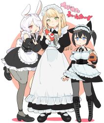 Rule 34 | 3girls, :3, alcohol, alternate costume, animal ears, apron, bags under eyes, black dress, black footwear, black hair, black ribbon, black sleeves, blonde hair, blue eyes, blush, boots, bottle, breasts, cat girl, circle, closed mouth, collared dress, commentary request, corset, detached collar, detached sleeves, dress, ear down, enmaided, fishnet pantyhose, fishnets, frilled hairband, frills, frown, full body, furrowed brow, green eyes, grey pantyhose, hair over one eye, hairband, hand on another&#039;s shoulder, highres, holding, holding bottle, keenu (winterz.), ketchup, knee boots, large breasts, long dress, long hair, looking at viewer, maid, maid headdress, mary janes, mechanical arms, multiple girls, neck ribbon, ohitori (o hitori sama 1), omochi (winterz.), one eye covered, open mouth, pantyhose, pink background, rabbit ears, rabbit girl, red eyes, ribbon, shoes, short dress, short hair, side ponytail, single mechanical arm, sleeveless, sleeveless dress, smile, spaghetti strap, standing, standing on one leg, tareme, toshiya (winterz.), translation request, triangle mouth, two-tone background, two side up, underbust, virtual youtuber, waist apron, white apron, white background, white hair, winterz.