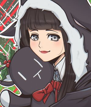 Rule 34 | 1girl, animal ears, animal hood, black hair, black hoodie, cat hood, christmas, closed mouth, fake animal ears, female focus, grey eyes, hime cut, holding, holding stuffed toy, hood, hoodie, lipstick, makeup, nyantan, sakurane shoka, shin subarashiki kono sekai, smile, stuffed animal, stuffed cat, stuffed toy, subarashiki kono sekai, upper body