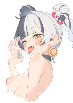 1girl black_choker black_hair breasts choker commentary_request dialyn_(zenless_zone_zero) double_bun earrings fang fellatio_gesture grey_hair hair_bun highres jewelry long_hair medium_breasts multicolored_hair nipples nude one_eye_closed open_mouth rasusurasu simple_background skin_fang solo tongue tongue_out twintails two-tone_hair upper_body white_background yellow_eyes zenless_zone_zero