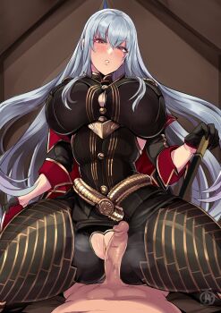 1girl bodysuit breasts clothed_female_nude_male clothing_cutout commission crotch_cutout erection highres huge_breasts imminent_penetration large_penis looking_at_viewer lying_pov nude penis pov pussy red_eyes revolverwing selvaria_bles senjou_no_valkyria_(series) spread_legs white_hair