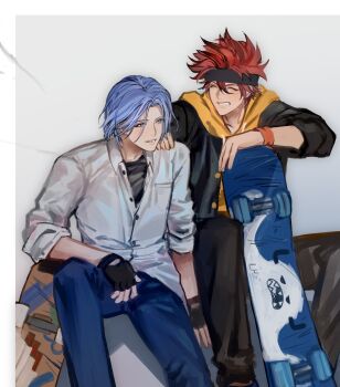 2boys black_jacket blue_eyes blue_hair commentary_request drawstring grey_background grey_eyes grin hasegawa_langa headband highres hood hoodie jacket kyan_reki male_focus multiple_boys red_hair short_hair sk8_the_infinity skateboard smile yellow_hoodie yinchuanhudie
