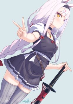 1girl absurdres animal_ears azur_lane black_dress braid brown_eyes dress grey_thighhighs hairband highres long_braid long_hair low-tied_long_hair no_tail rabbit_ears rabbit_girl sheath sheathed shimakaze_(azur_lane) shirt short_dress short_sleeves smile solo sword thighhighs thighs umyonge_(lkakeu) v weapon white_hair white_shirt zettai_ryouiki