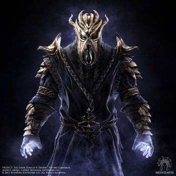 1boy 3d armor artist_name belt black_background black_robe bracer brown_belt brown_gloves commentary commission copyright_name cowboy_shot dated english_commentary facing_viewer gloves glowing_hands gold_armband gold_trim highres light_particles magic male_focus mask meduzarts miraak miraak's_mask official_art open_hands robe shoulder_armor solo straight-on the_elder_scrolls the_elder_scrolls_v:_skyrim